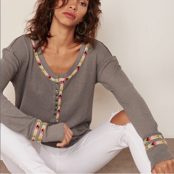 Free People We the Free Rainbow Thermal Waffle Knit Henley Shirt Boho Grey XS - Picture 1 of 10